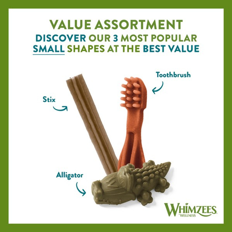 Whimzees dog and puppy treats value assortment featuring Stix, Toothbrush, and Alligator shapes