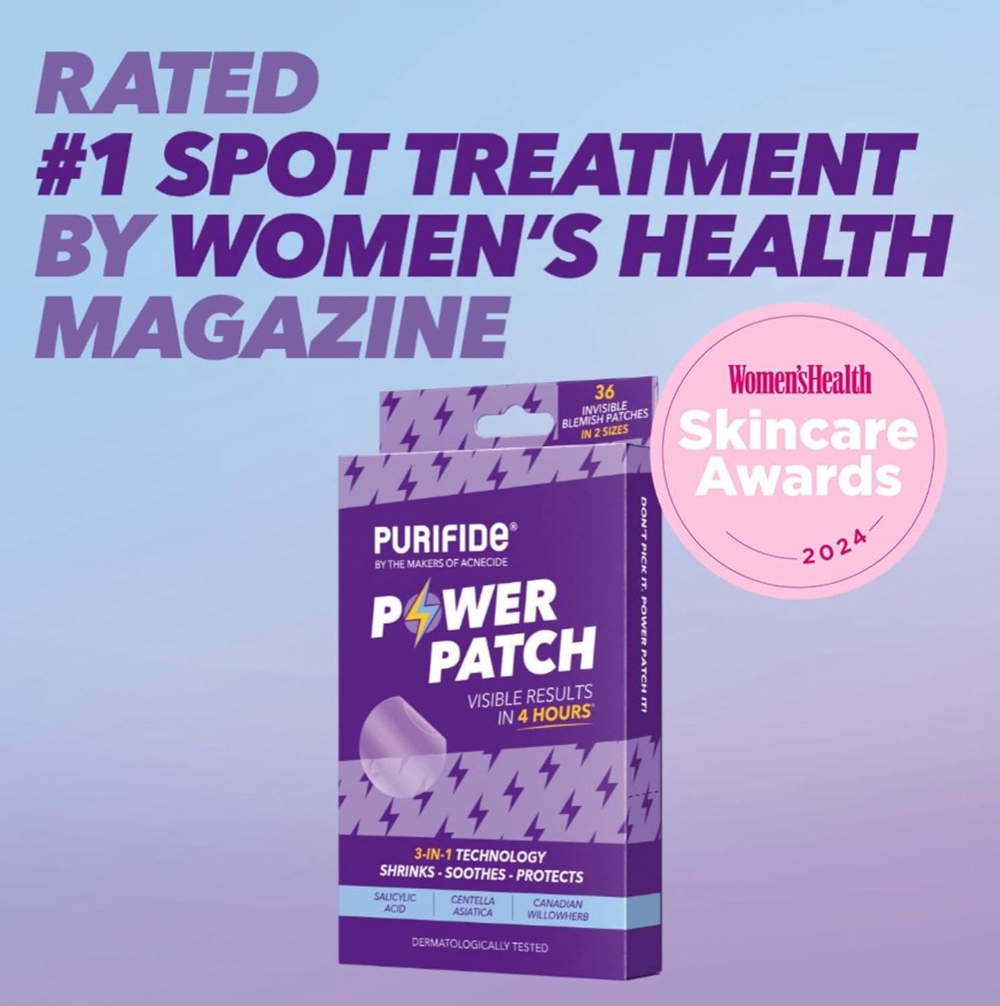 Purifide Power Patch spot treatment skincare product with award badge from Womens Health Magazine 2024