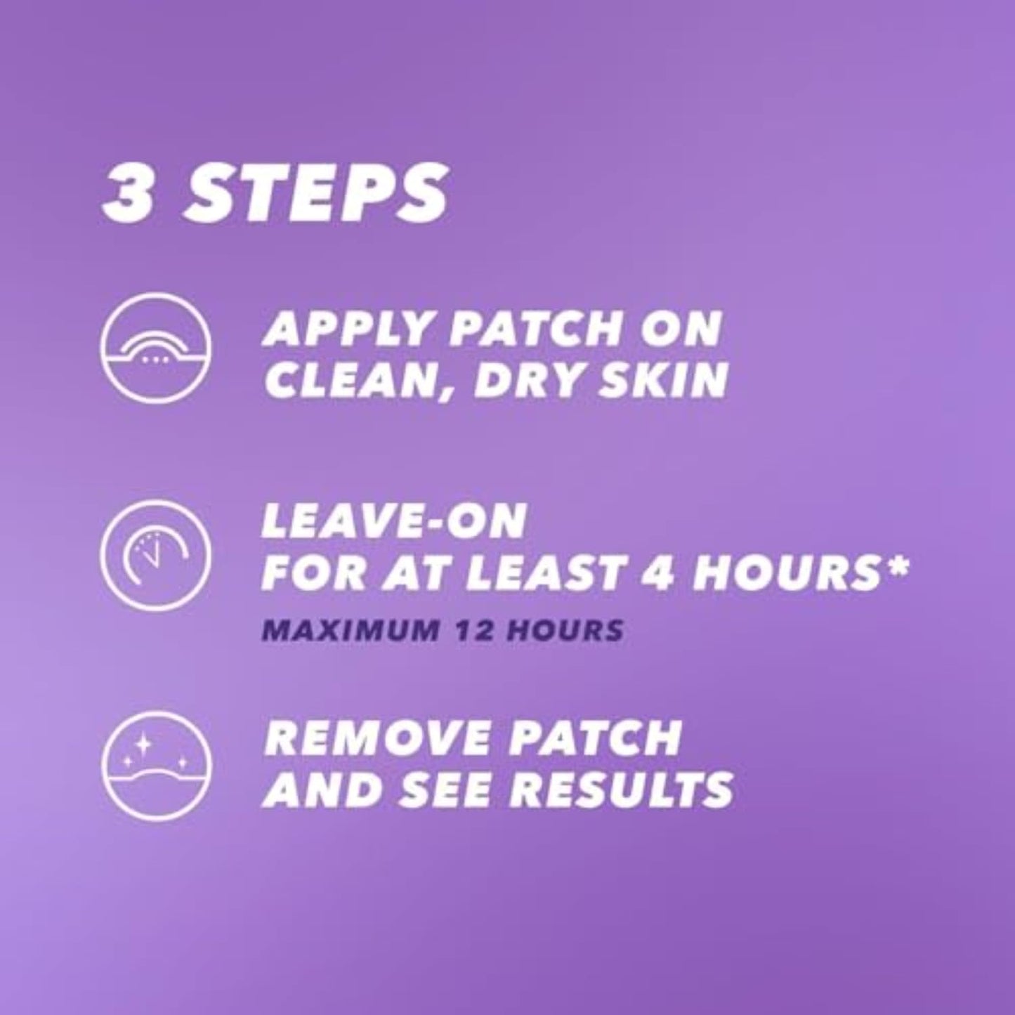 Purifide skin care patch instructions showing 3 steps to apply on clean skin, leave for 4 to 12 hours, then remove and see results