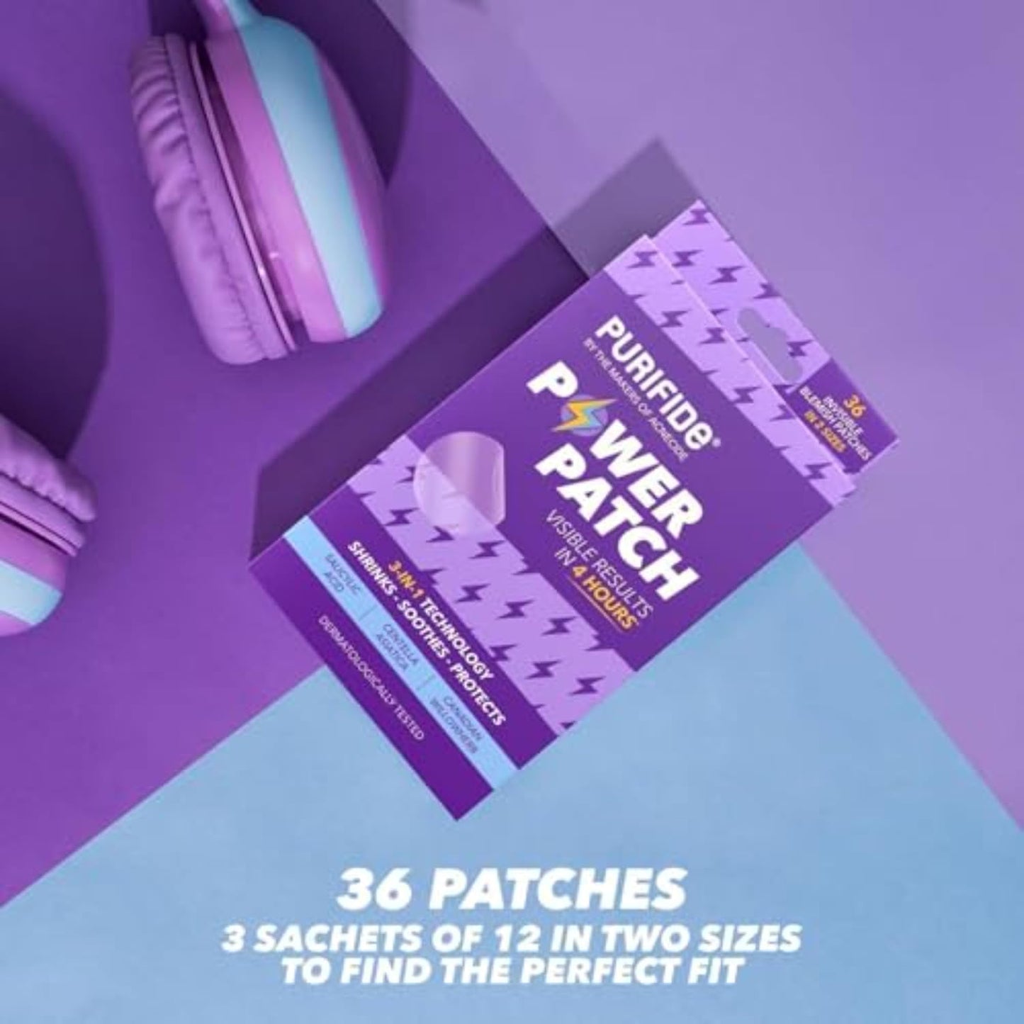 Purifide Power Patch skin care pack with 36 patches in two sizes for quick visible results