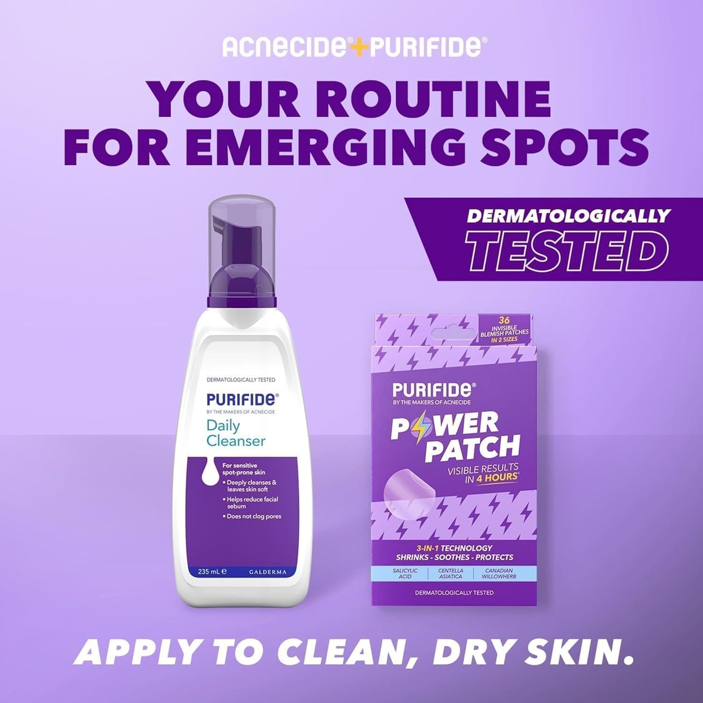 Purifide Daily Cleanser and Power Patch skincare set for treating emerging spots with dermatologically tested formula