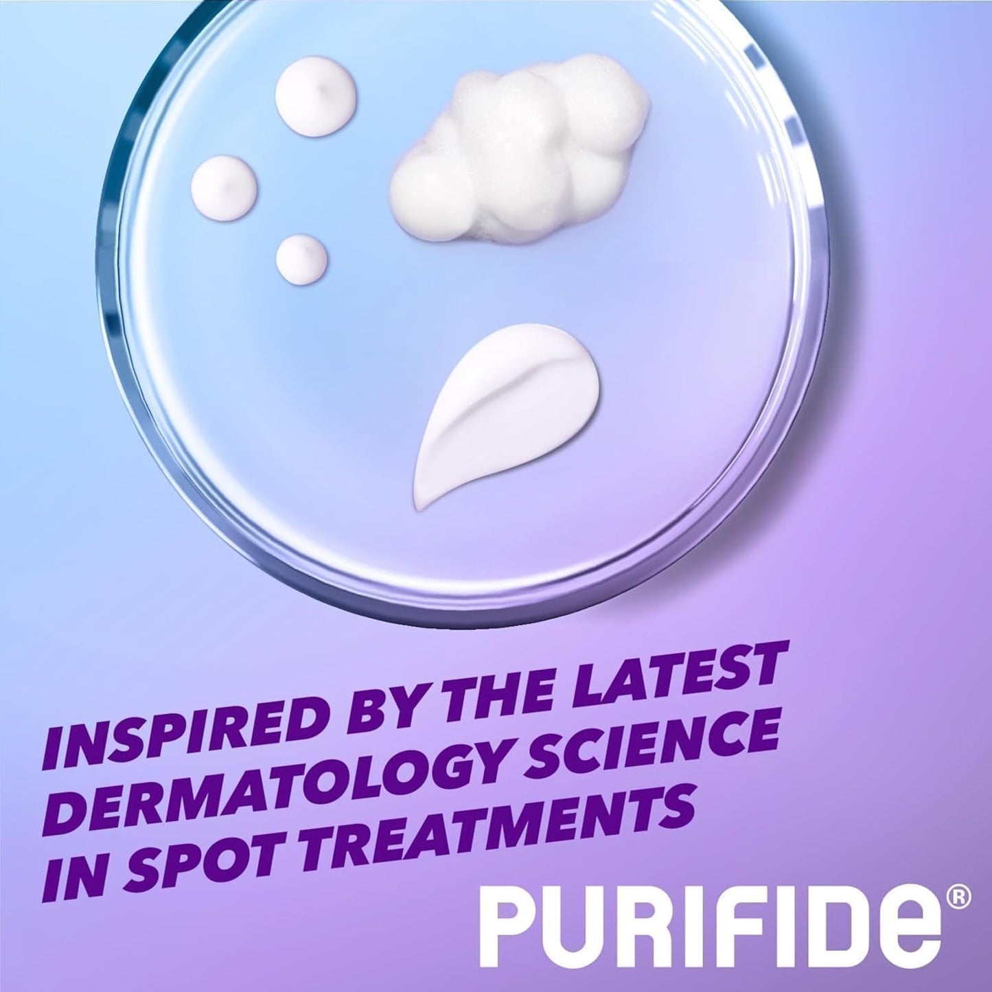 Purifide skin care spot treatment creams and foam inspired by latest dermatology science in clear dish