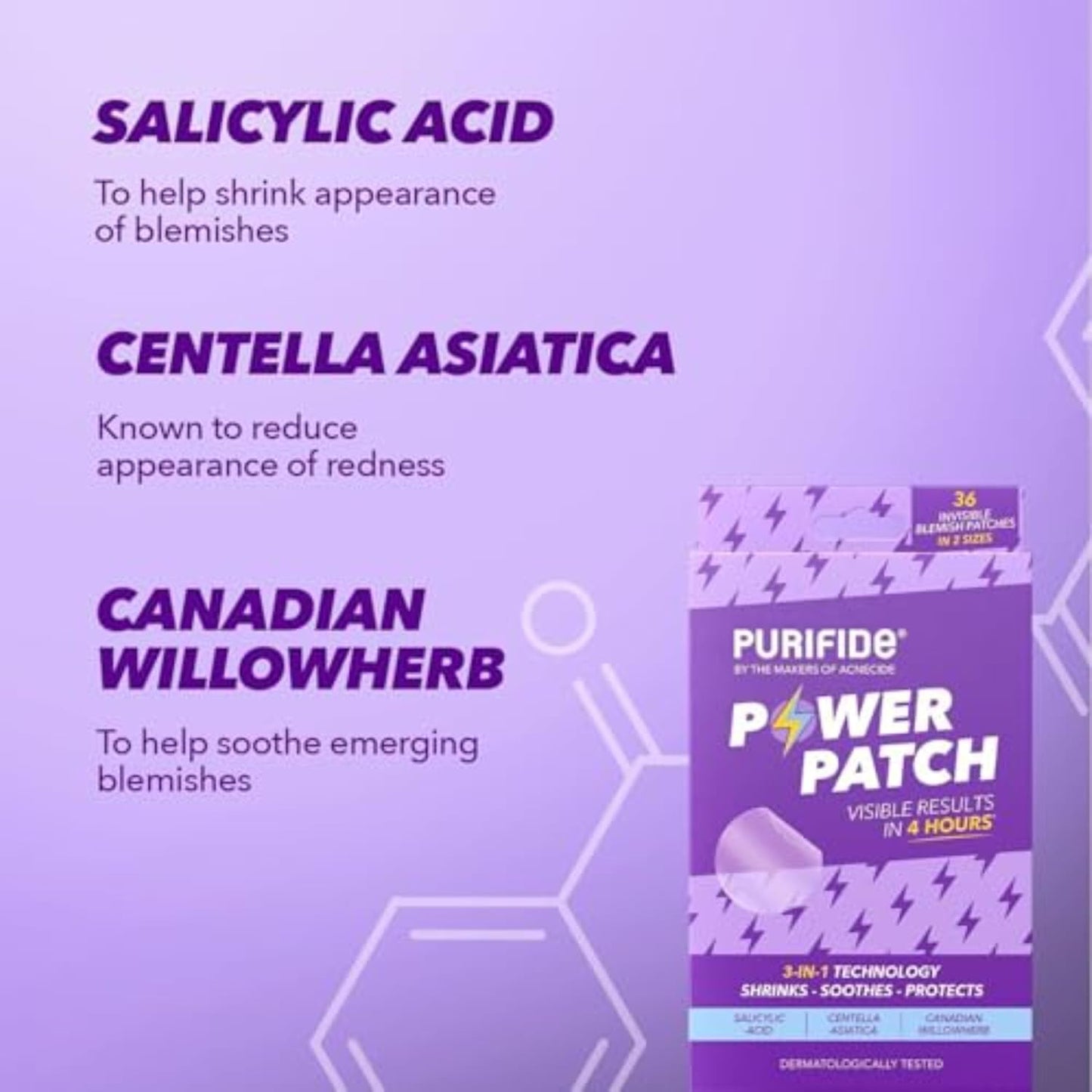 Purifide Power Patch skin care with salicylic acid centella asiatica and Canadian willowherb to shrink blemishes and redness