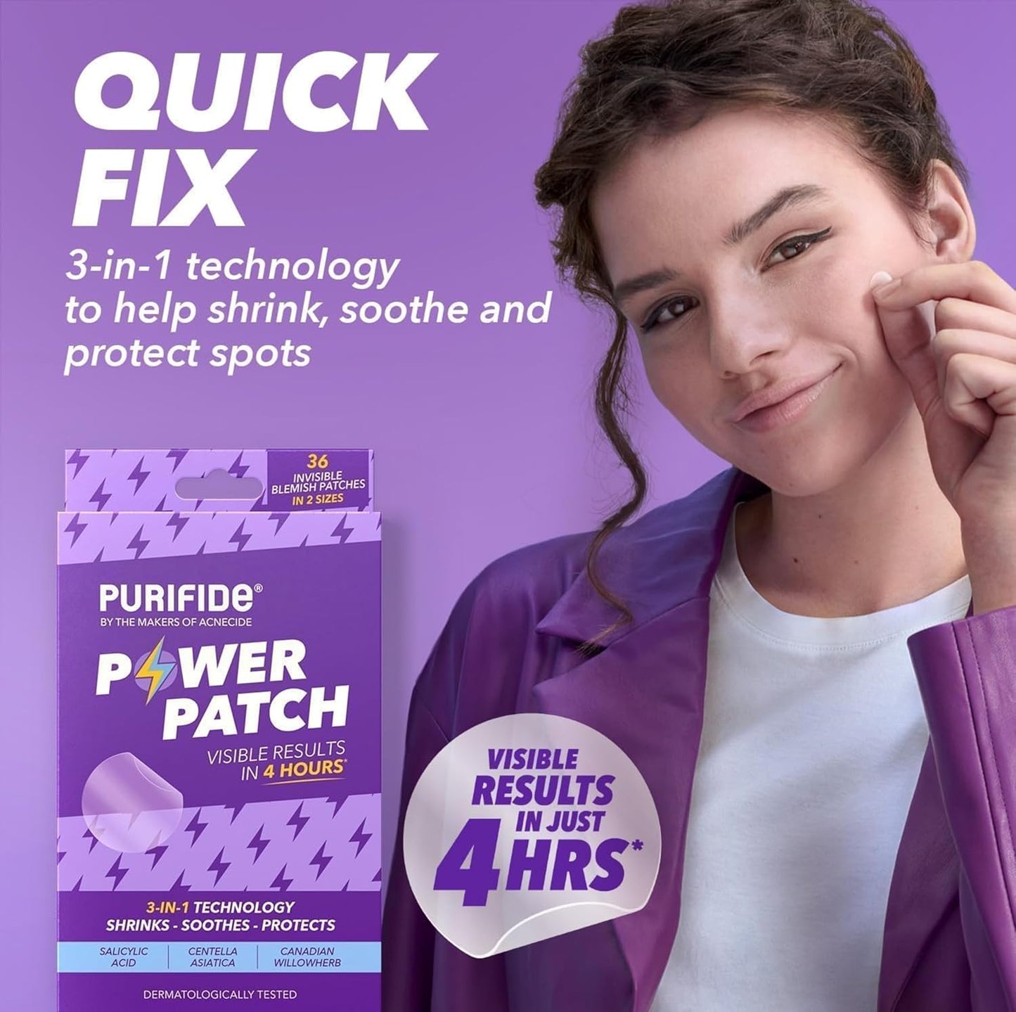 Purifide Power Patch skincare with 3 in 1 technology to shrink soothe and protect spots visible results in 4 hours
