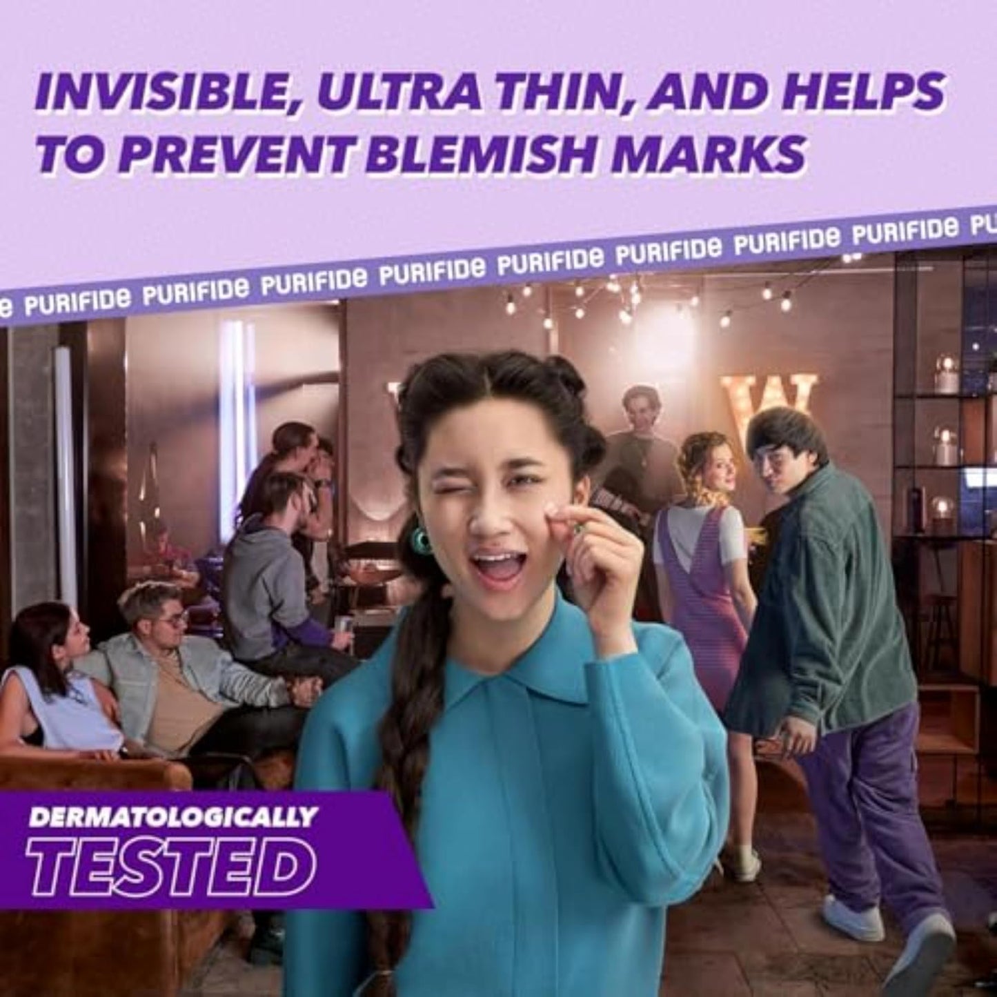 Purifide skin care blemish patch applied on face, invisible and ultra thin for preventing marks
