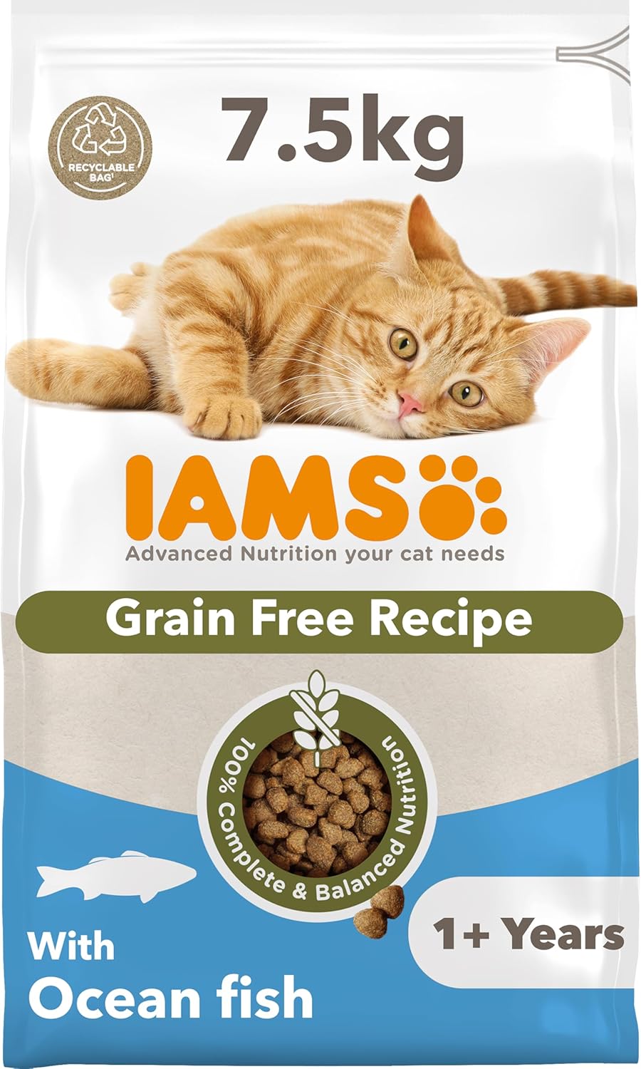 IAMS Grain Free Adult Complete Dry Cat Food Ocean Fish 7.5kg | High Protein Skin & Coat Support Kibble