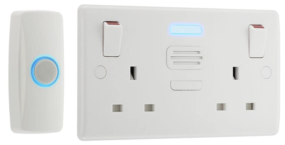 BG Electrical Wireless DoorBell with IP44 Rated Push Button and Double Power Socket