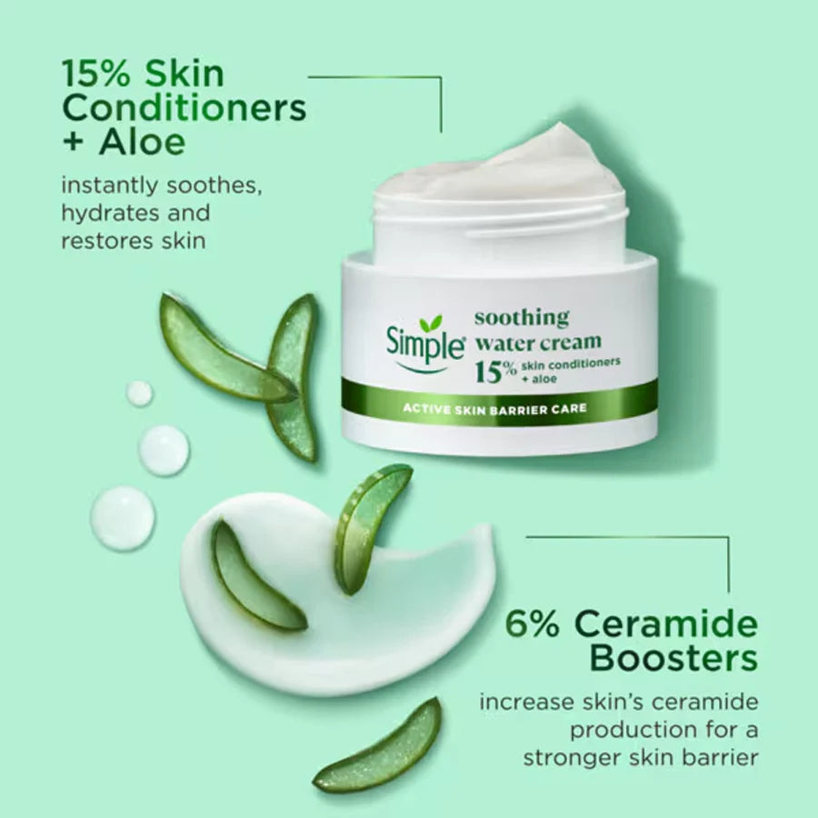 Simple soother water cream jar with aloe vera leaves on a light green background