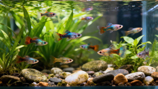 School of male and female Guppy fish swimming among green aquatic plants and river rocks in a clean glass aquarium