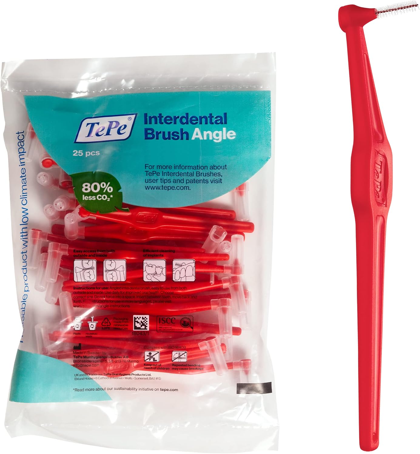 TePe Interdental Angled Dental Brush, Pack of 25, 0.5 mm, Extra-Small/Small Gaps, Red