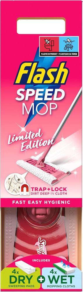 Flash Speedmop Floor Cleaner Starter Kit, Pink Limited Edition, Fast Easy & Hygienic (1 Handle + 4 Wet & 4 Dry Refills)