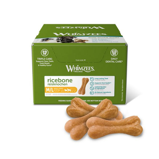 Box of Whimzees ricebone dog treats on a white background