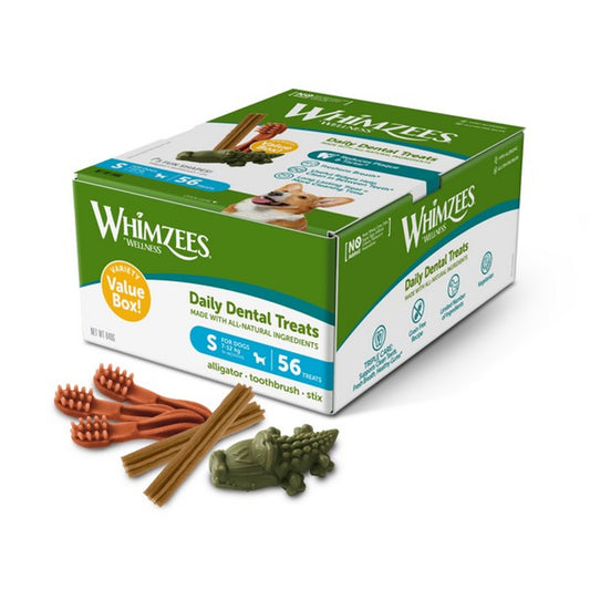 Whimzees Daily Dental Treats value box with all-natural dog and puppy dental chews