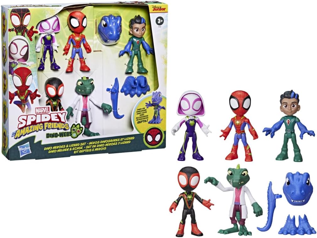 Spidey and His Amazing Friends Dino-Webs Dino Heroes & Lizard Set | Marvel Action Figure Pack
