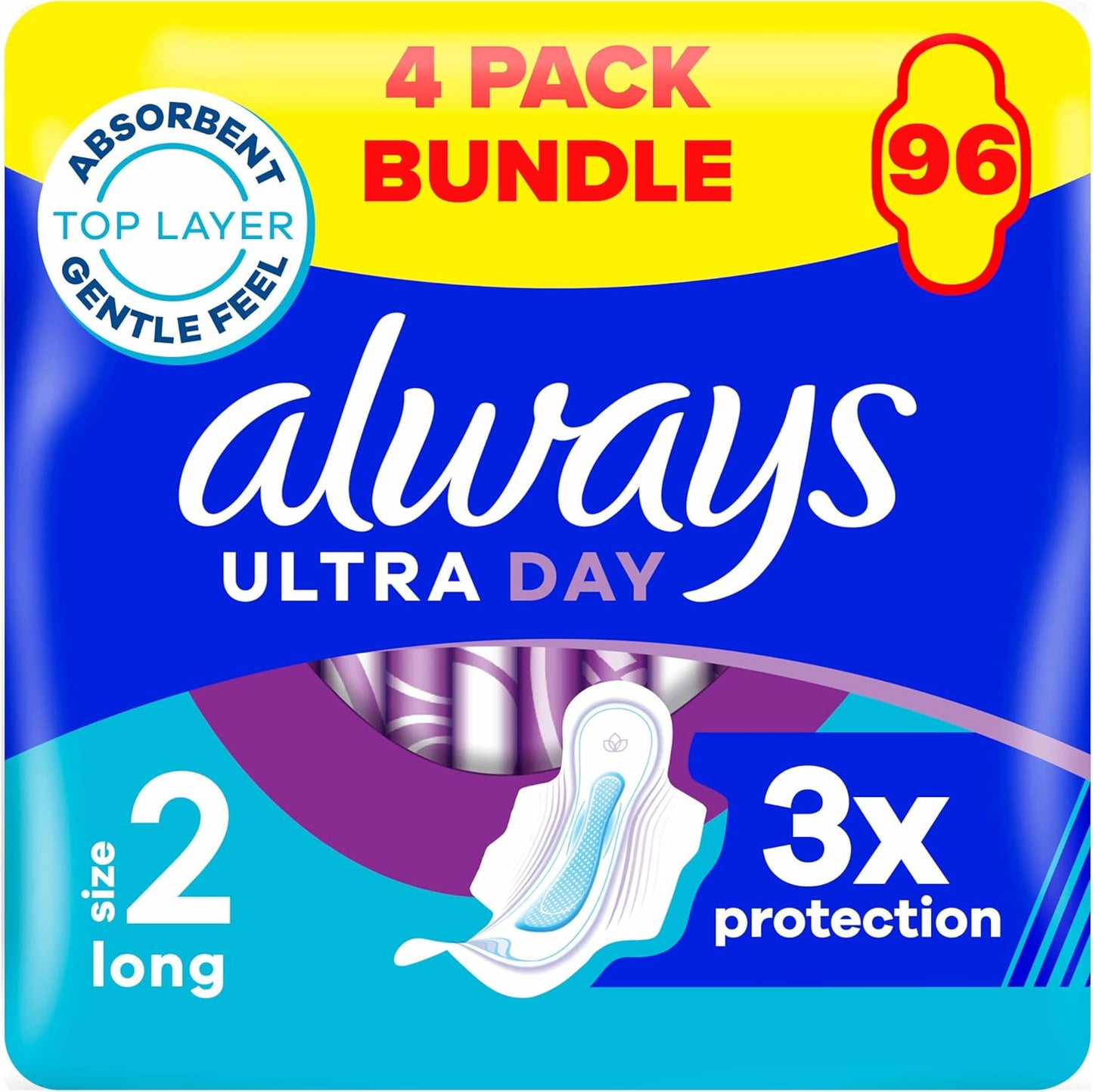 Always Ultra Sanitary Towels Long (Size 2) Wings - 4 Pack (96 Pads + 8 Free)