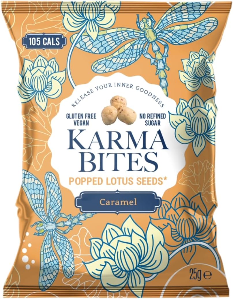 Karma Bites Popped Lotus Seeds Caramel 12 x 25g | Light Sweet Crunchy Snack Multipack