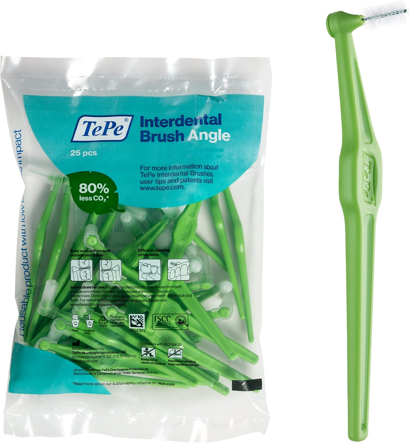 TePe Interdental Angled Dental Brush, Pack of 25, 0.8 mm, Large Gaps, Green
