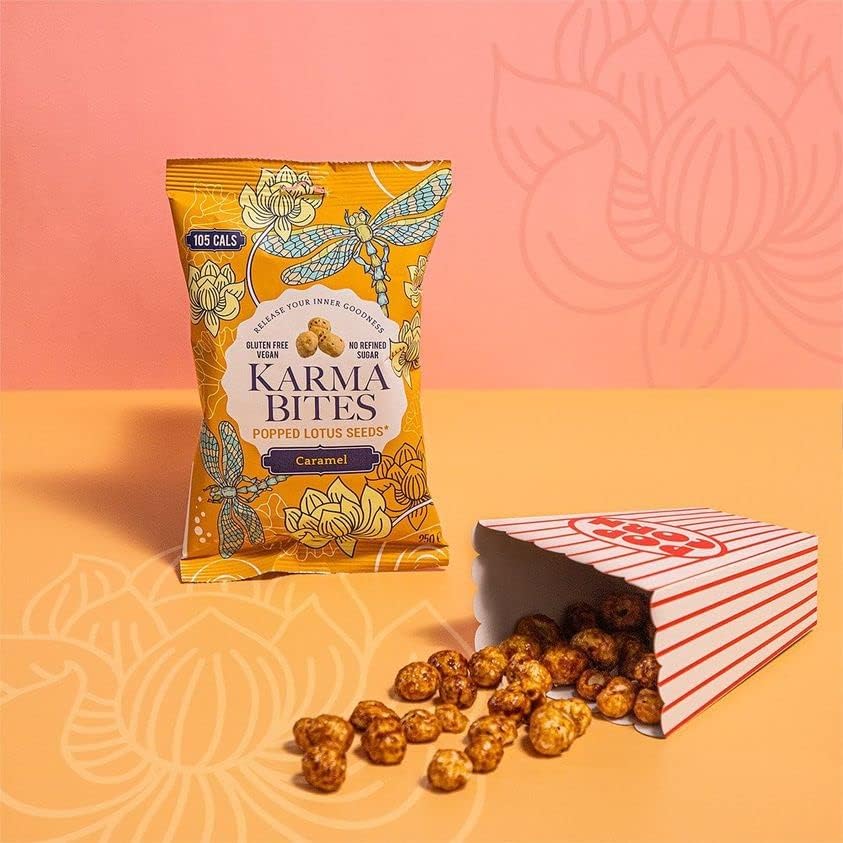 Karma Bites Popped Lotus Seeds Caramel 12 x 25g | Light Sweet Crunchy Snack Multipack