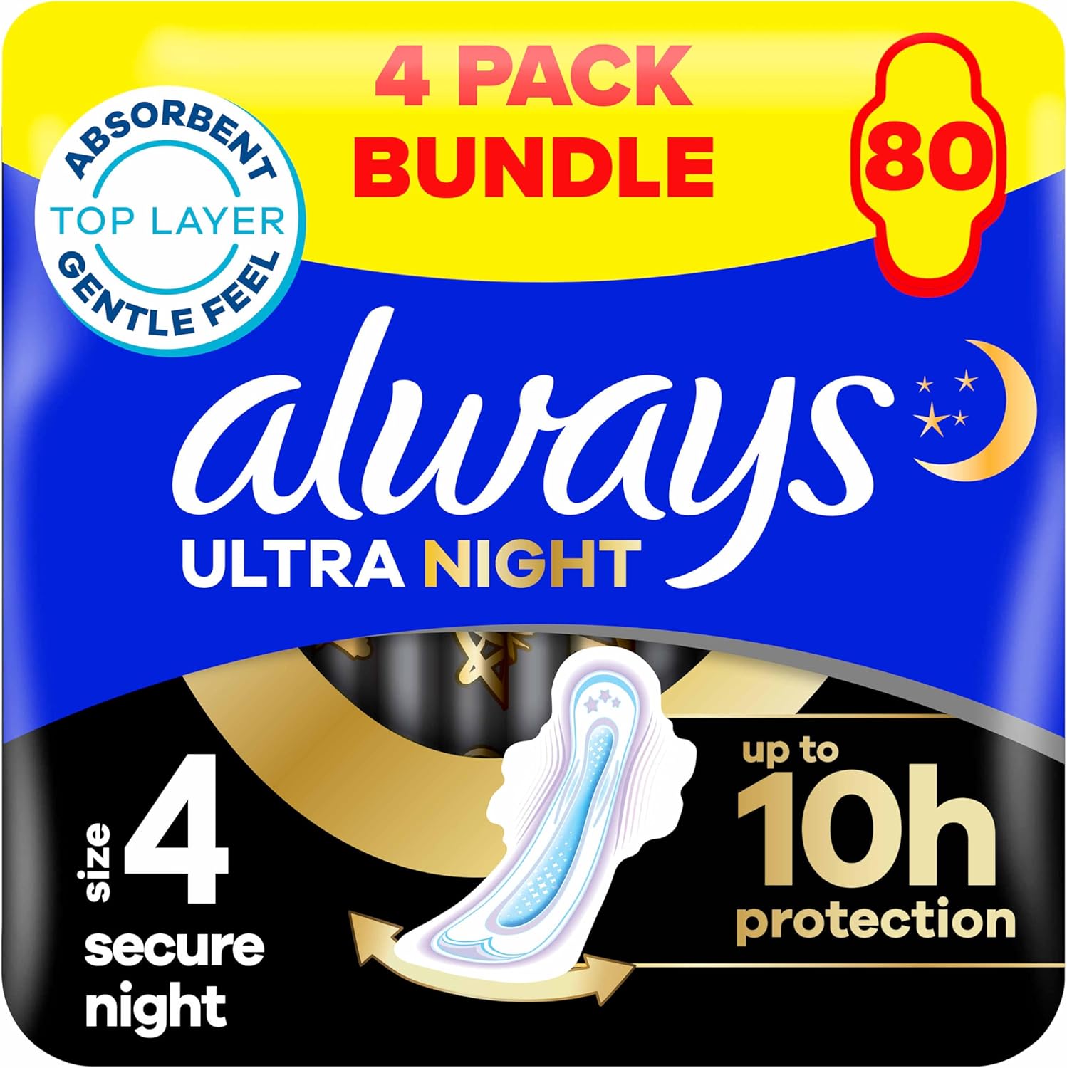 Always Ultra Sanitary Towels Secure Night (Size 4) Wings - 4 Pack Bundle (80 Pads + 8 Free)