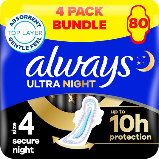 Always Ultra Sanitary Towels Secure Night (Size 4) Wings - 4 Pack Bundle (80 Pads + 8 Free)