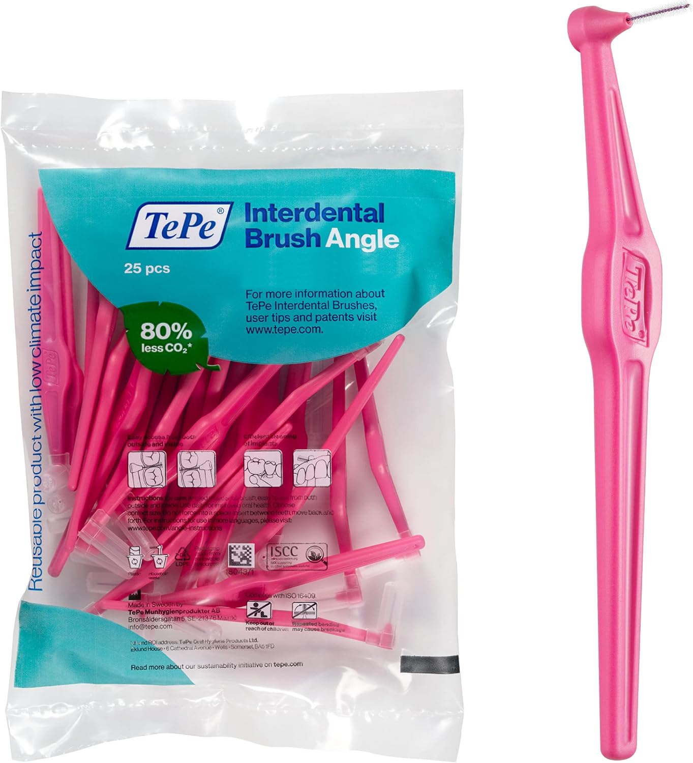 TePe Interdental Angled Dental Brush, Pack of 25, 0.4 mm, Extra-Small/Small Gaps, Pink