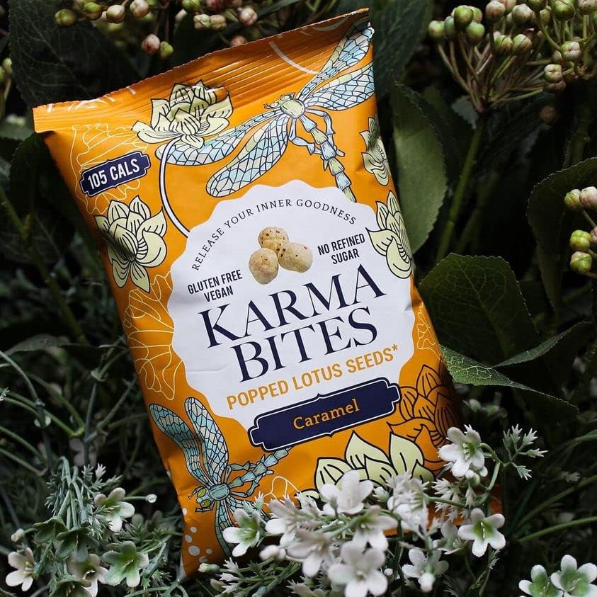 Karma Bites Popped Lotus Seeds Caramel 12 x 25g | Light Sweet Crunchy Snack Multipack