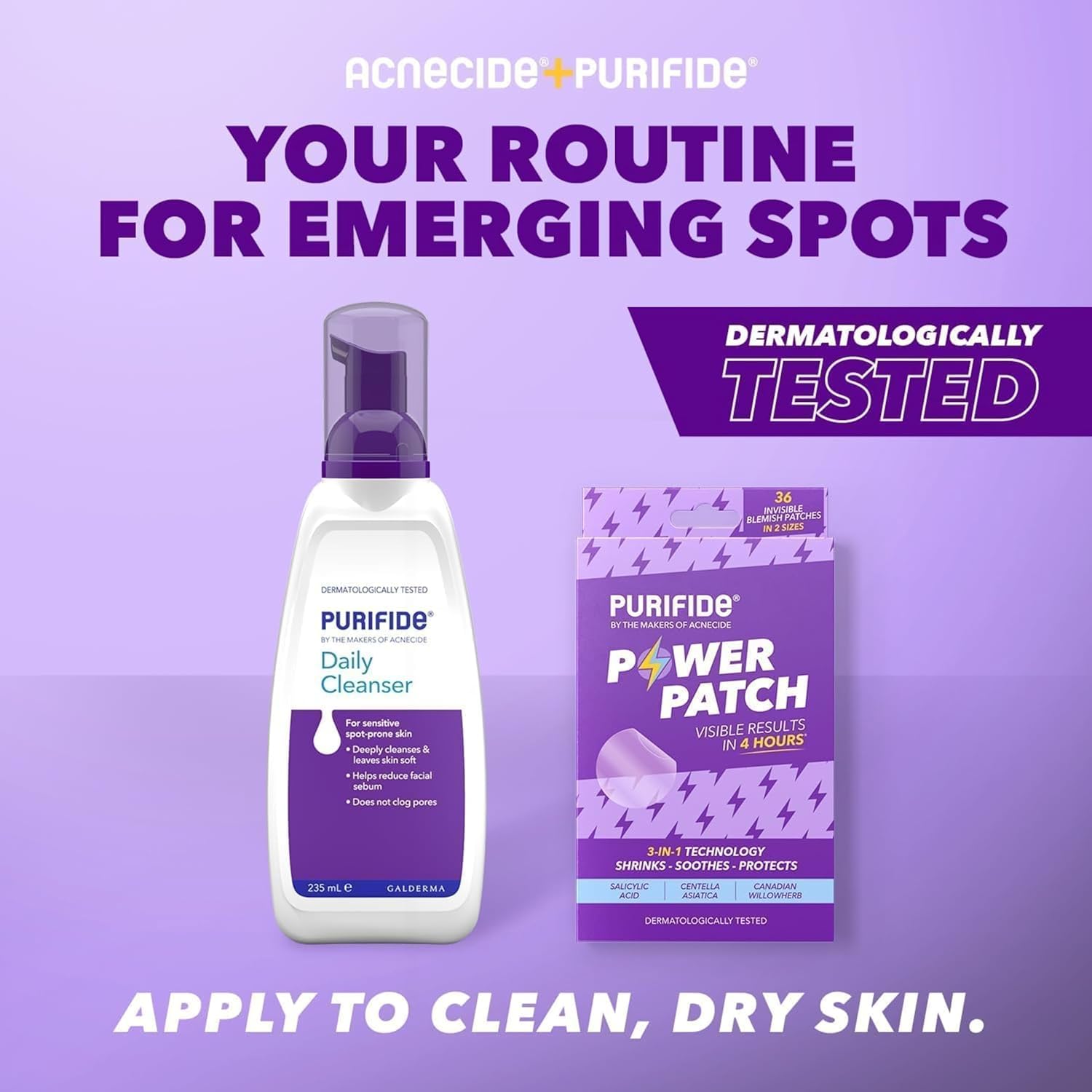 Purifide Daily Cleanser and Power Patch skincare set for treating emerging spots with dermatologically tested formula
