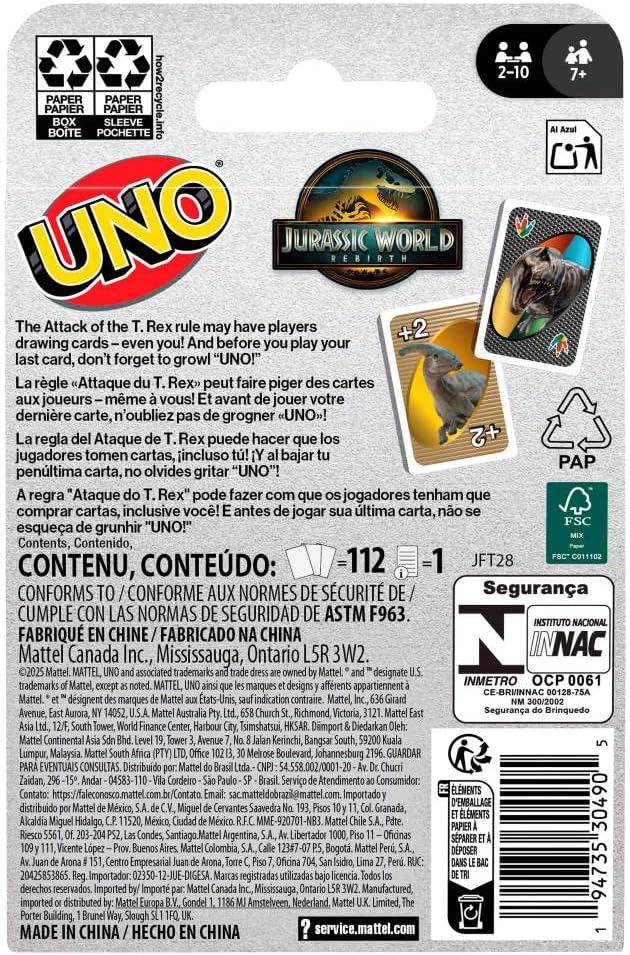 Mattel Games UNO Jurassic World Rebirth Card Game (JFT28) | Movie Edition Deck