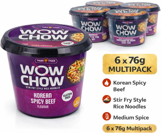 Tiger Tiger WOW CHOW Korean Spicy Beef Noodle Pots 76g (Pack of 6) | Stir Fry Style Rice Noodle Pots