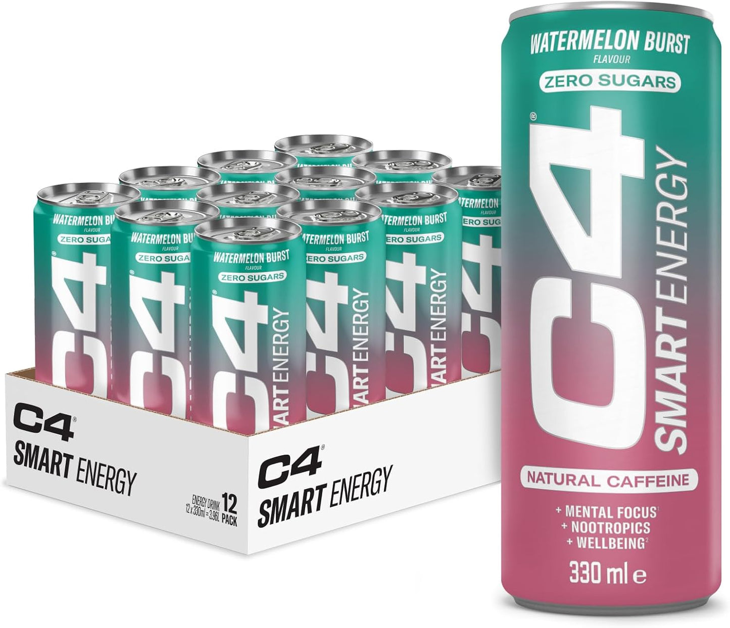 C4 Smart Zero Sugar Energy Drinks Watermelon Burst 330ml (12 pack)