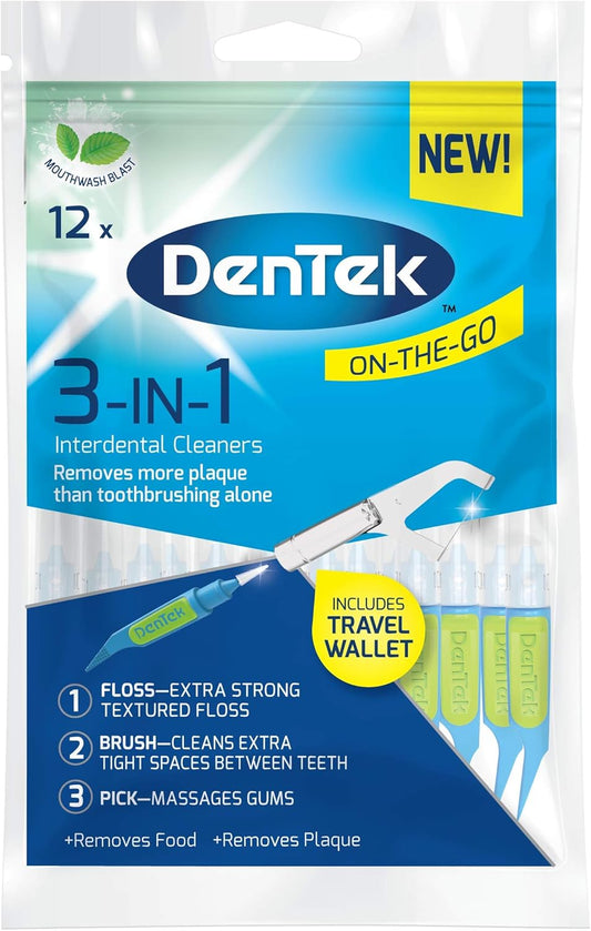 DenTek 3-in 1 Interdental Cleaners, Floss and Pick, 12 Pack