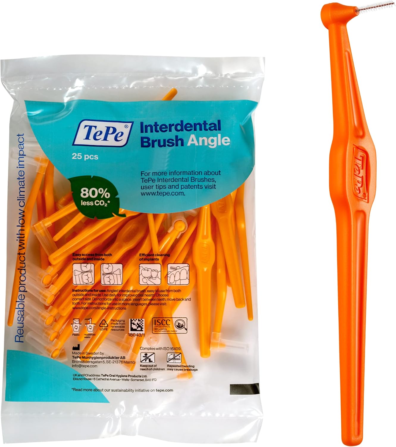 TePe Interdental Angled Dental Brush, Pack of 25, 0.45 mm, Extra-Small/Small Gaps, Orange