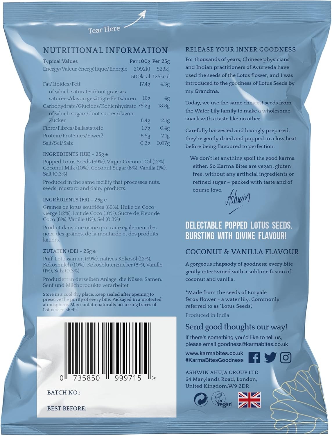 Karma Bites Coconut and Vanilla Flavour Popped Lotus Seeds 12 x 25g