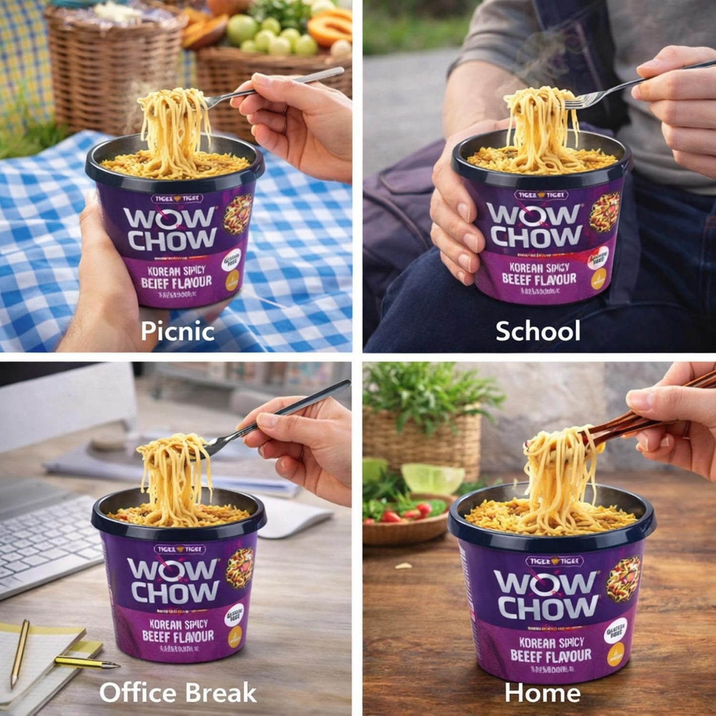 Tiger Tiger WOW CHOW Korean Spicy Beef Noodle Pots 76g (Pack of 6) | Stir Fry Style Rice Noodle Pots