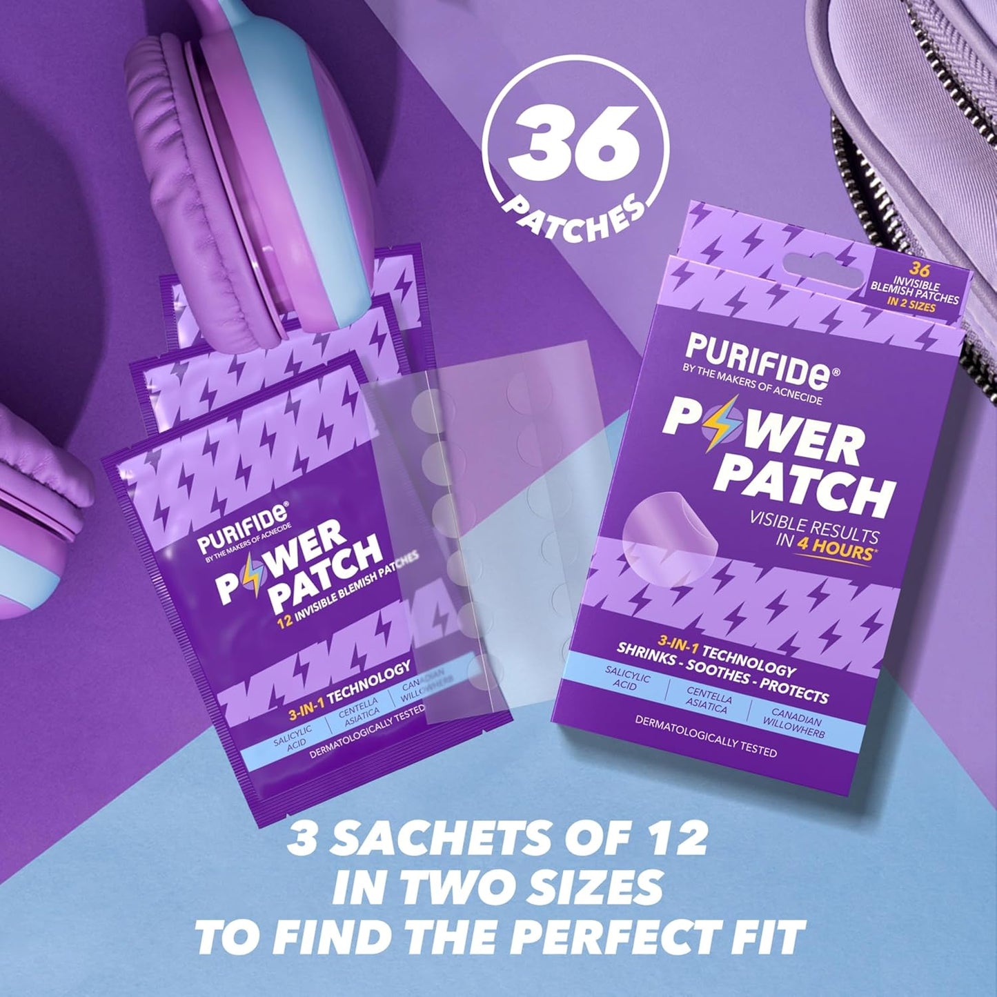 Purifide Power Patch skin care blemish patches pack with 36 patches in two sizes for perfect fit