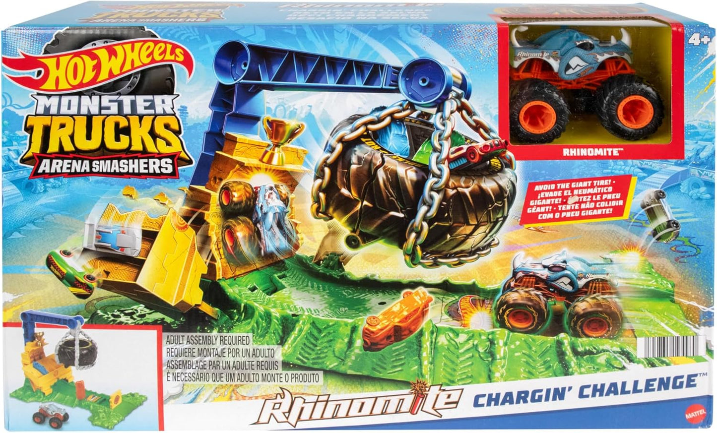 Hot Wheels Monster Trucks Rhinomite Chargin’ Challenge Playset With 1:64 Truck | Crash & Launch Stunt Arena Set