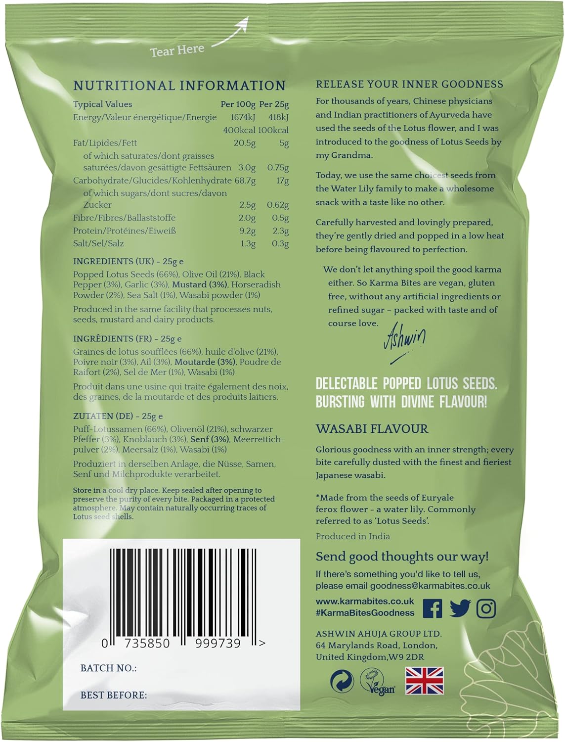 Karma Bites Popped Lotus Seeds Wasabi Flavour 12 x 25g | Vegan Gluten-Free Crunchy Snack
