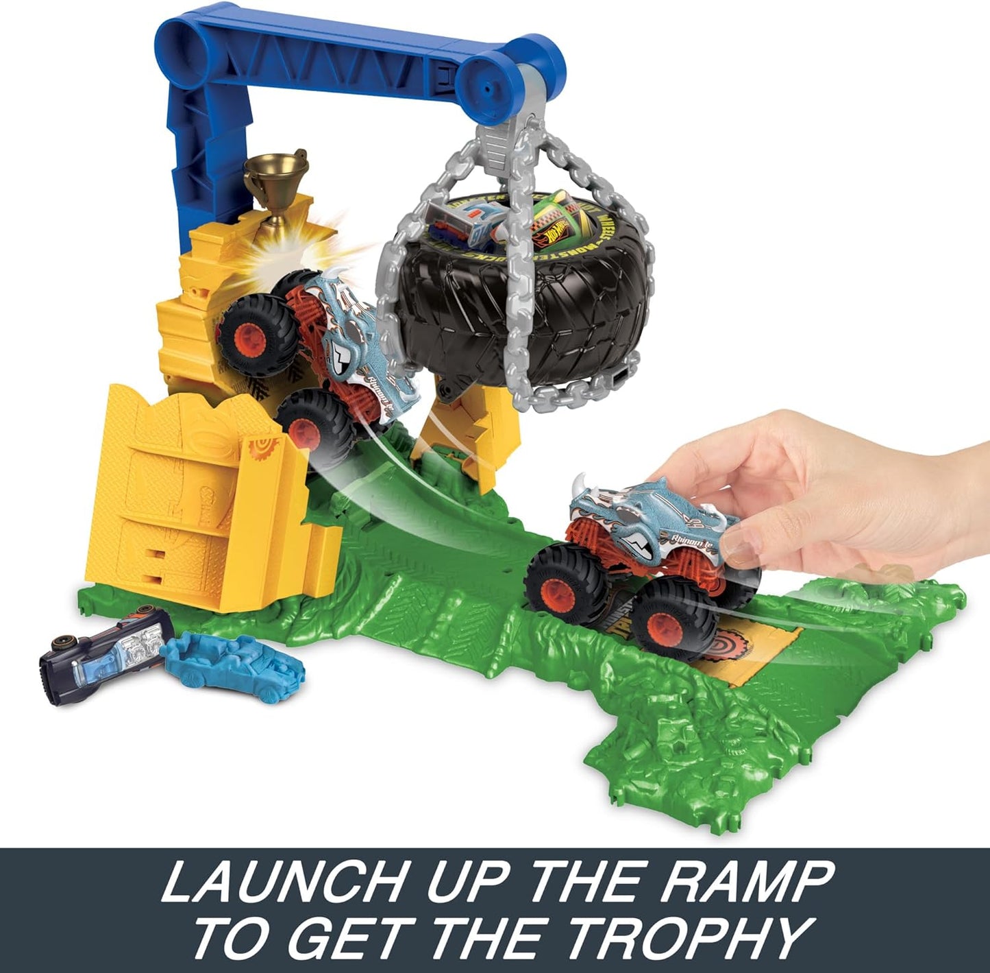Hot Wheels Monster Trucks Rhinomite Chargin’ Challenge Playset With 1:64 Truck | Crash & Launch Stunt Arena Set
