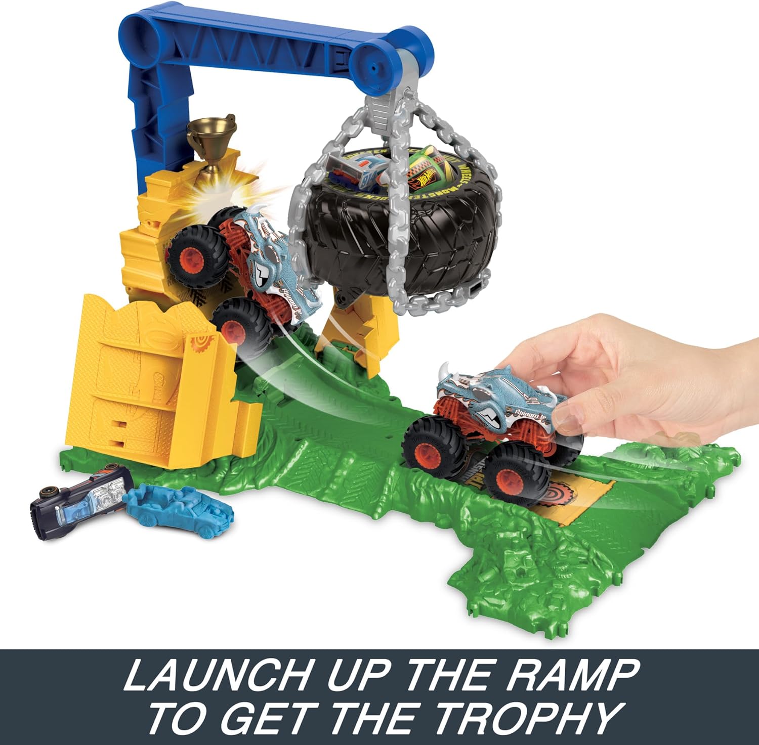 Hot Wheels Monster Trucks Rhinomite Chargin’ Challenge Playset With 1:64 Truck | Crash & Launch Stunt Arena Set