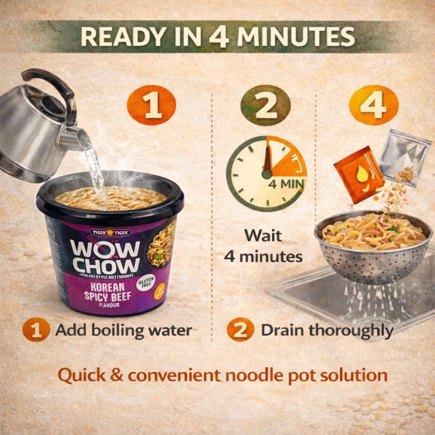 Tiger Tiger WOW CHOW Korean Spicy Beef Noodle Pots 76g (Pack of 6) | Stir Fry Style Rice Noodle Pots