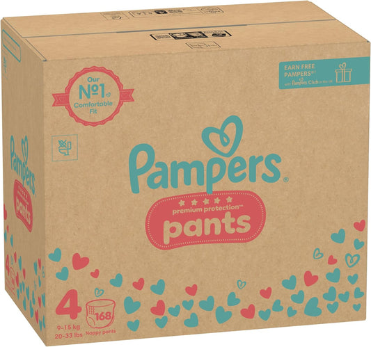 Pampers Premium Protection Nappy Pants, Size 4 (9-15kg / 20-33lbs) x168 Nappies