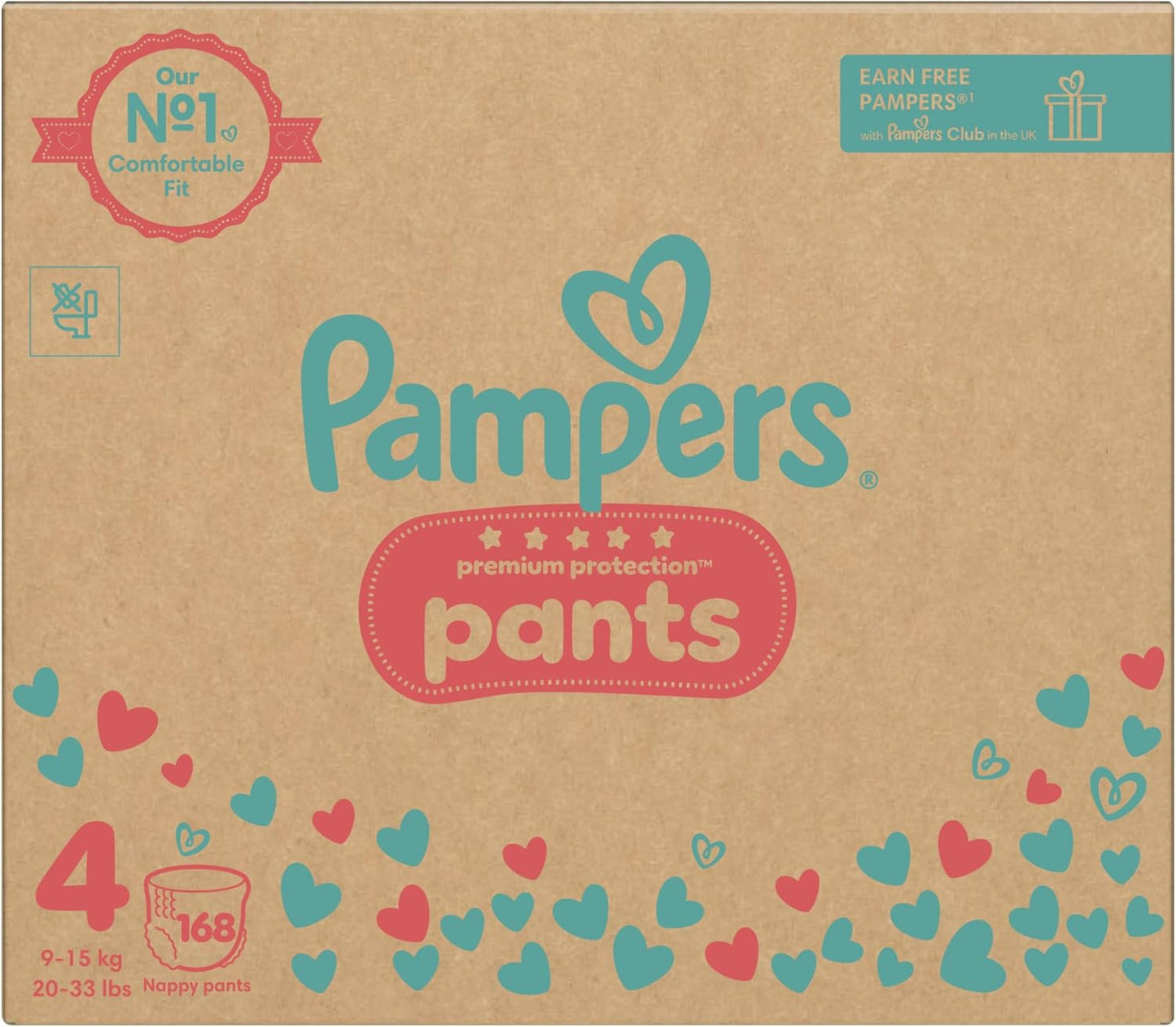 Pampers Premium Protection Nappy Pants, Size 4 (9-15kg / 20-33lbs) x168 Nappies