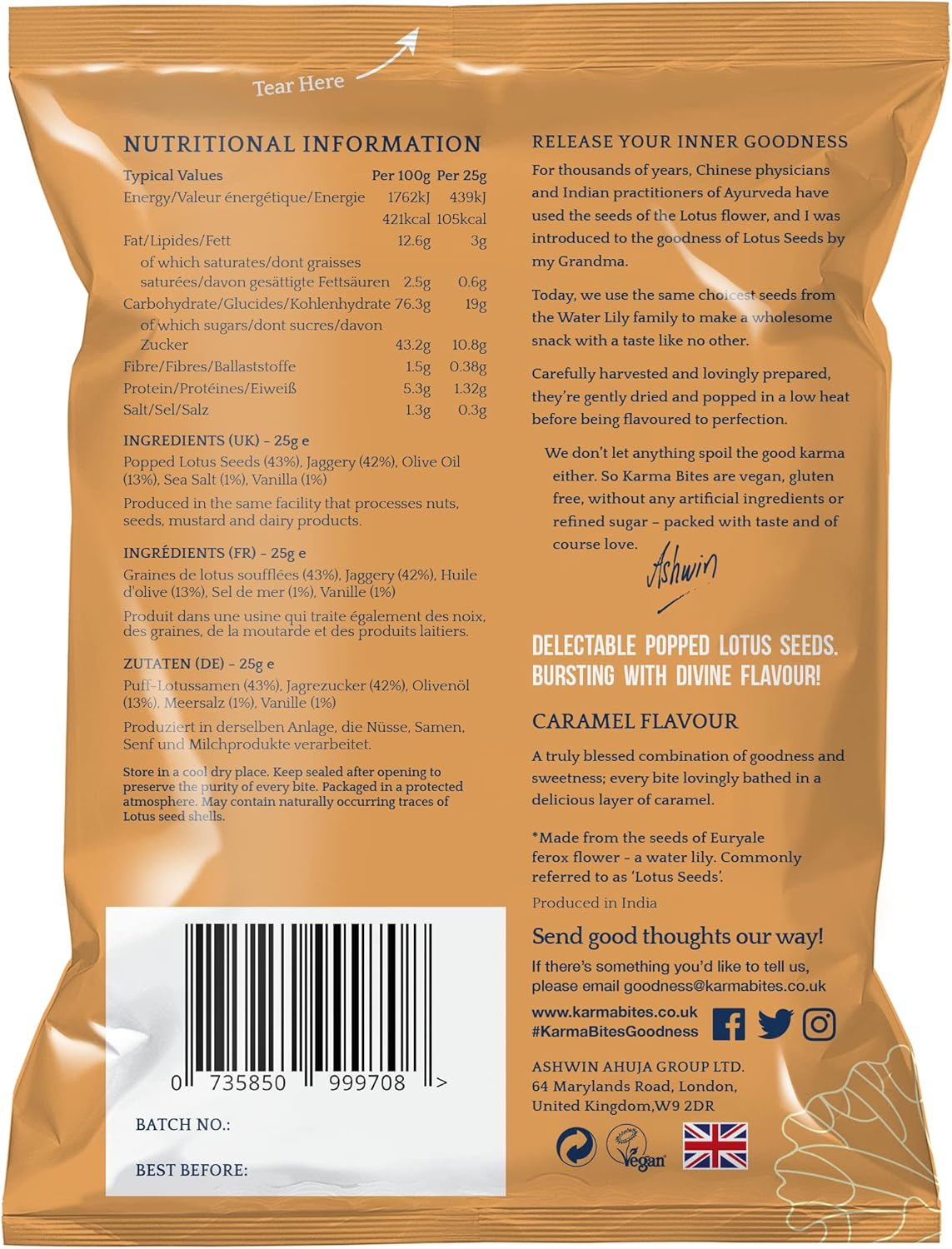 Karma Bites Popped Lotus Seeds Caramel 12 x 25g | Light Sweet Crunchy Snack Multipack