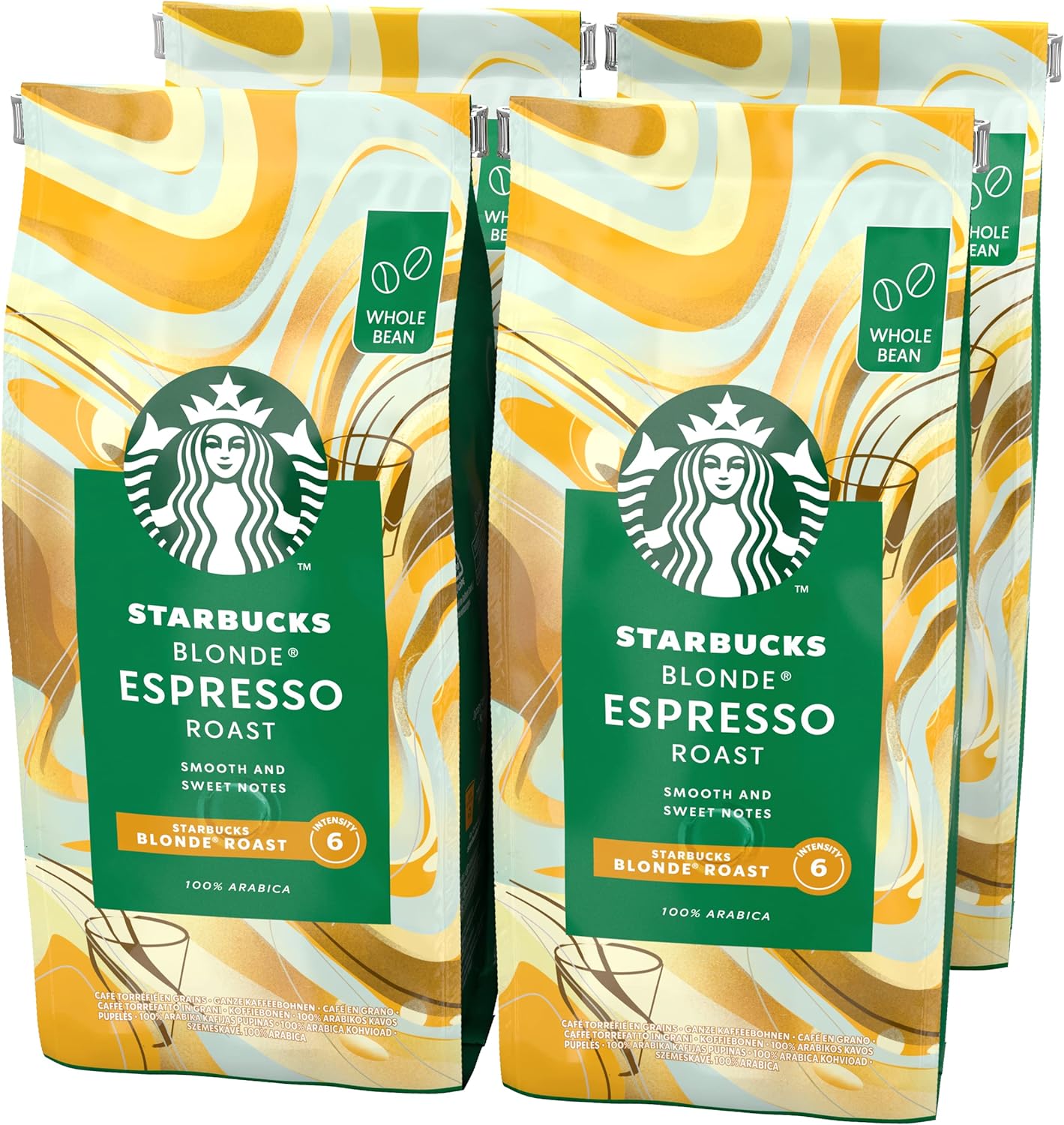 Starbucks Blonde Espresso Roast Whole Bean Coffee 450g (Pack of 4)