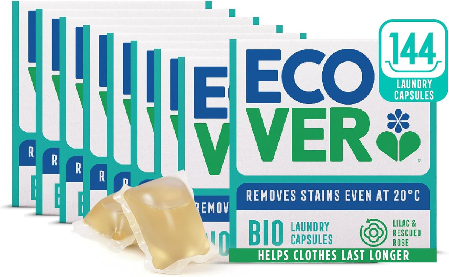 Ecover Bio Washing Capsules Lilac & Rescued Rose 144 Capsules (8 x 18 Pack) | Plant-Based Eco Laundry Pods