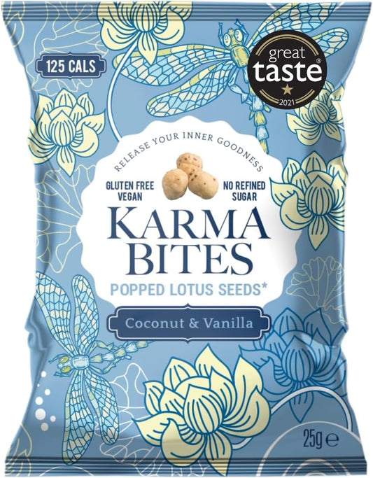 Karma Bites Coconut and Vanilla Flavour Popped Lotus Seeds, Low Calorie, Vegan & Gluten Free, 12 x 25g