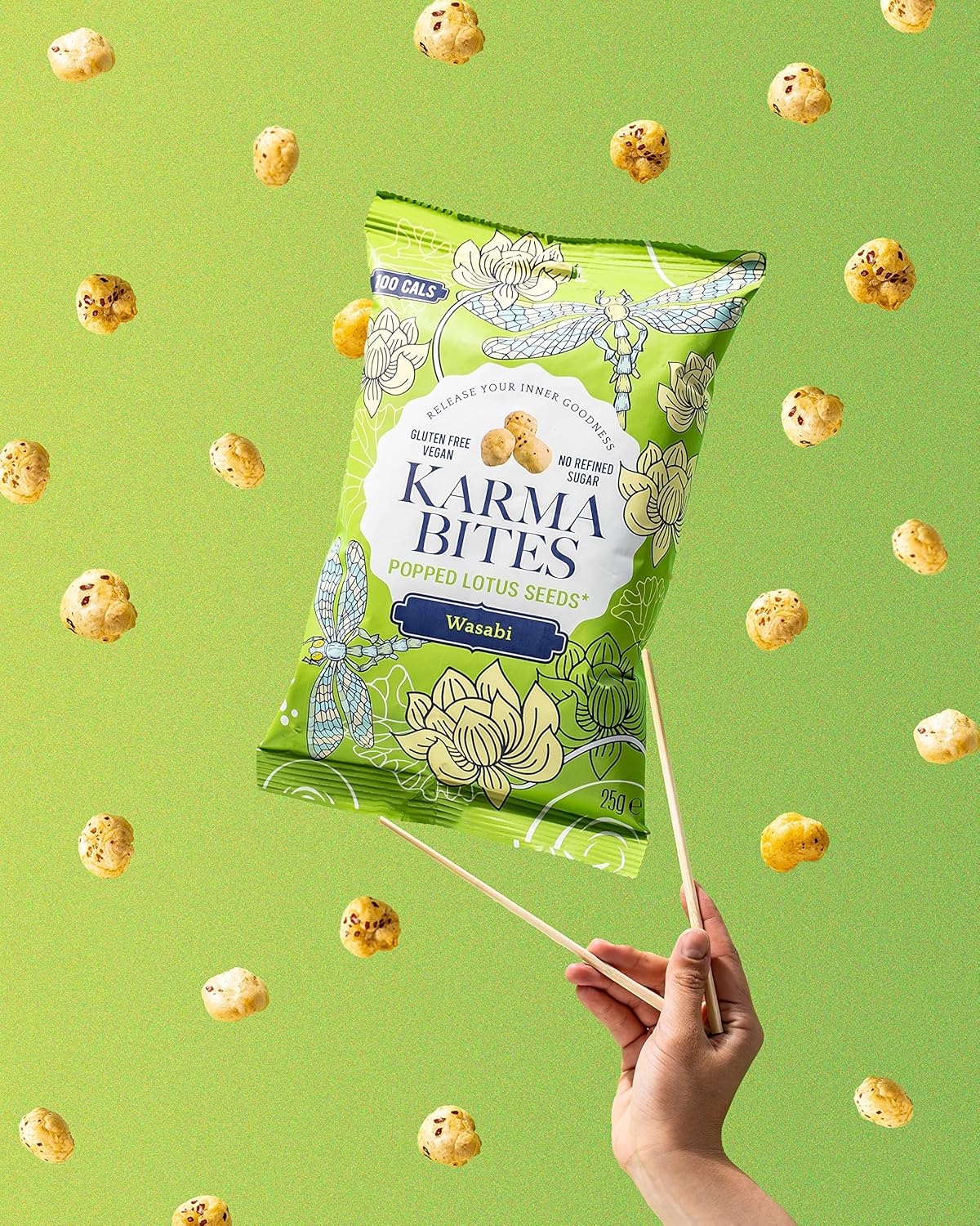 Karma Bites Popped Lotus Seeds Wasabi Flavour 12 x 25g | Vegan Gluten-Free Crunchy Snack
