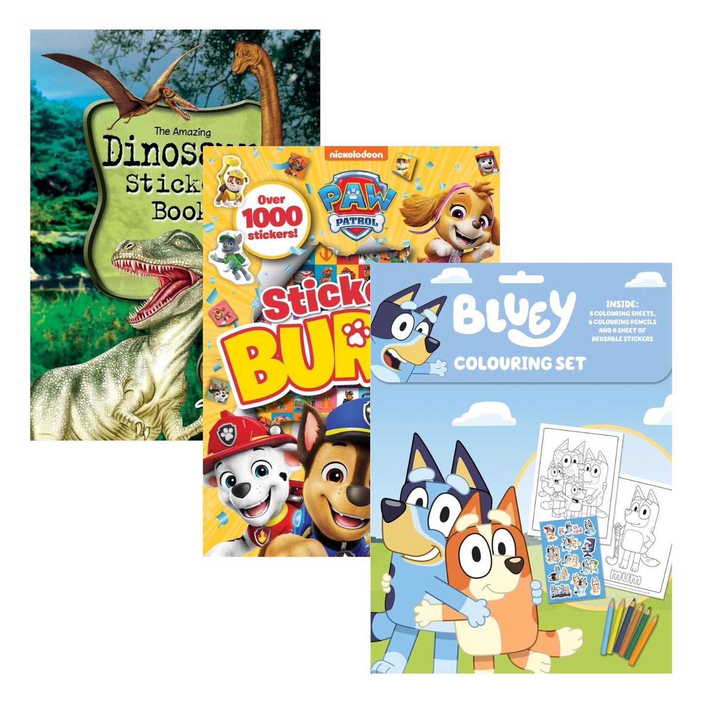 Bluey, Dinosaur & Paw Patrol Colouring & Sticker 3 Book Pack