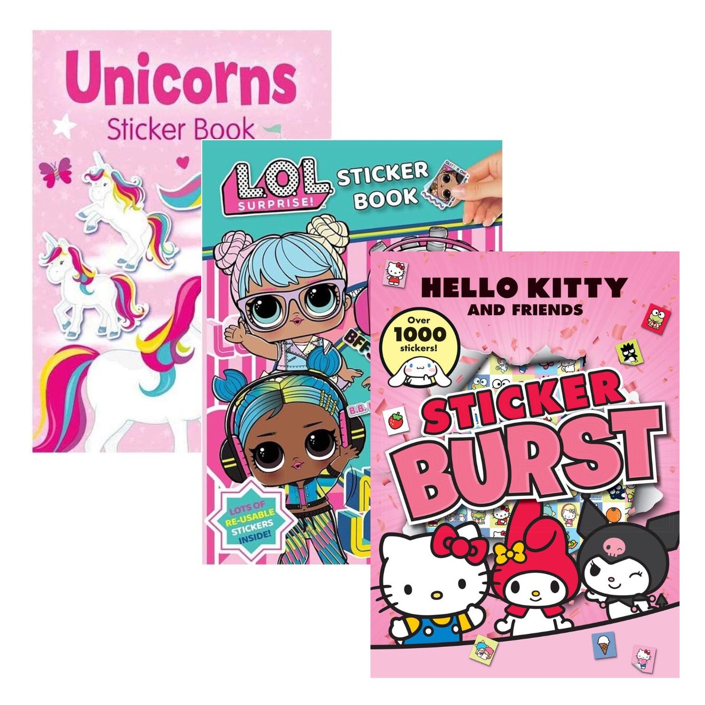 Hello Kitty, LOL & Unicorn Colouring & Sticker 3 Book Pack