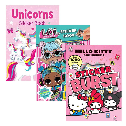 Hello Kitty, LOL & Unicorn Colouring & Sticker 3 Book Pack